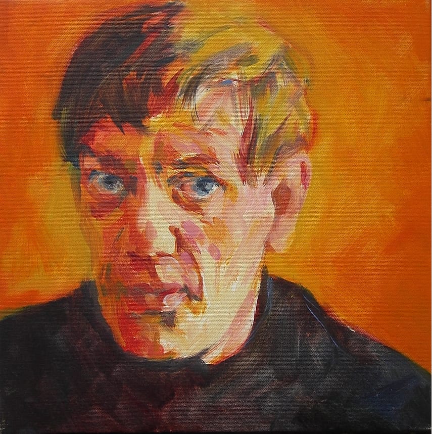 Painting of a quizzically looking young man on a red background.