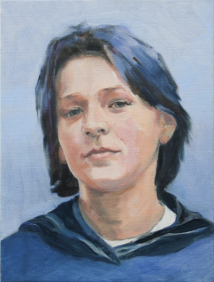 FIgurative abstract oil painting of a happy boy with black hair.