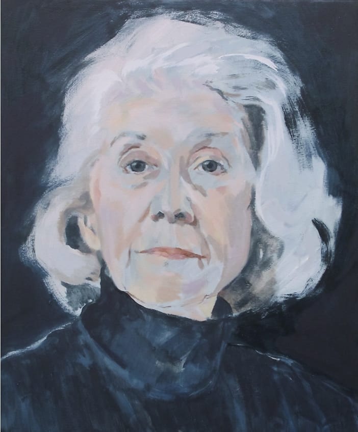 Reputation 10 Oil portrait of a confident looking older woman with gray hair on a darkblue background.